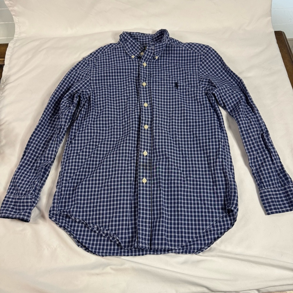 Ralph Lauren Boys Button Down Plaid Shirt Blue White Size 10-12 M Preppy Holiday